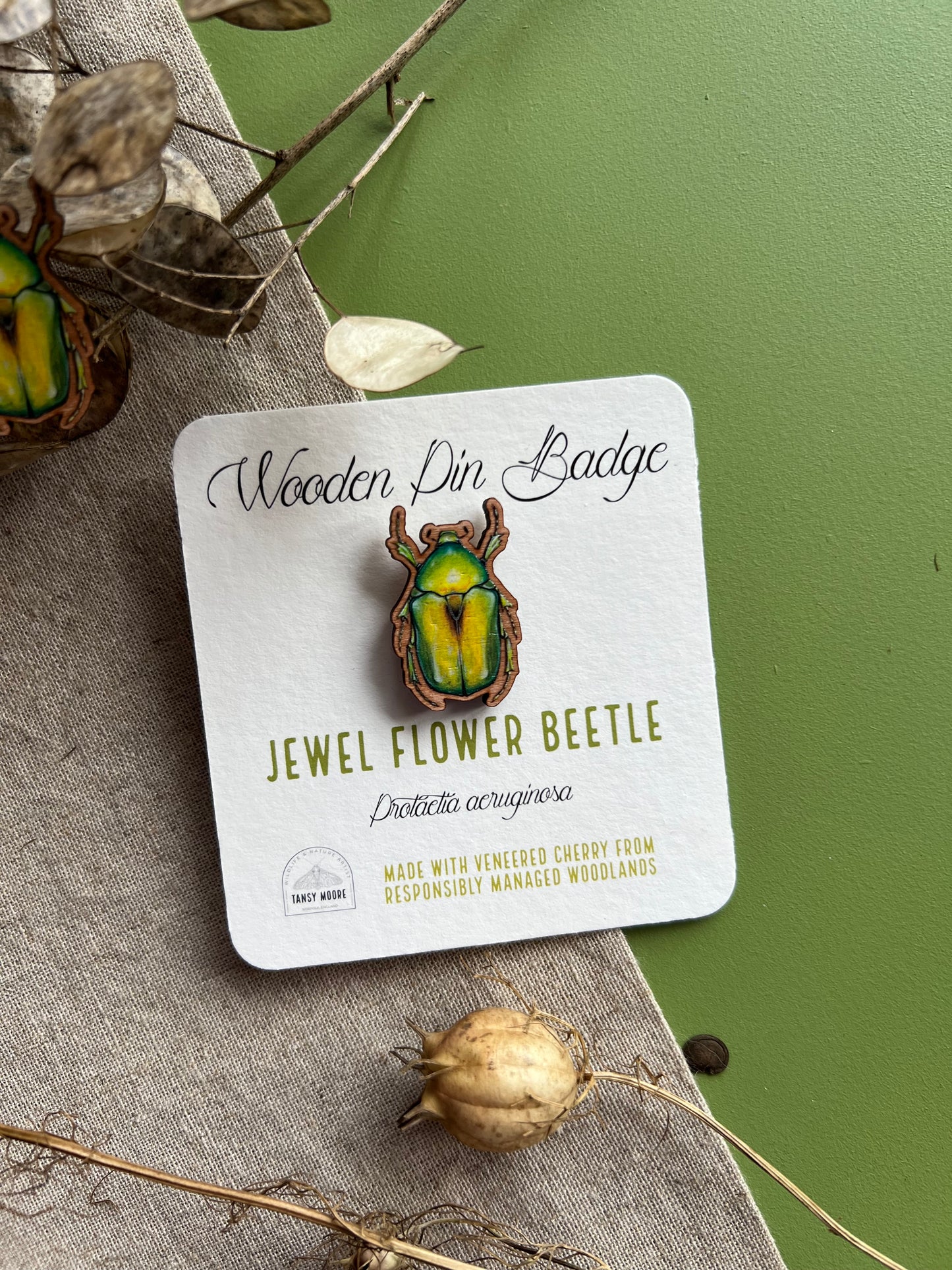 Jewel Flower Beetle Wooden Pin Badge