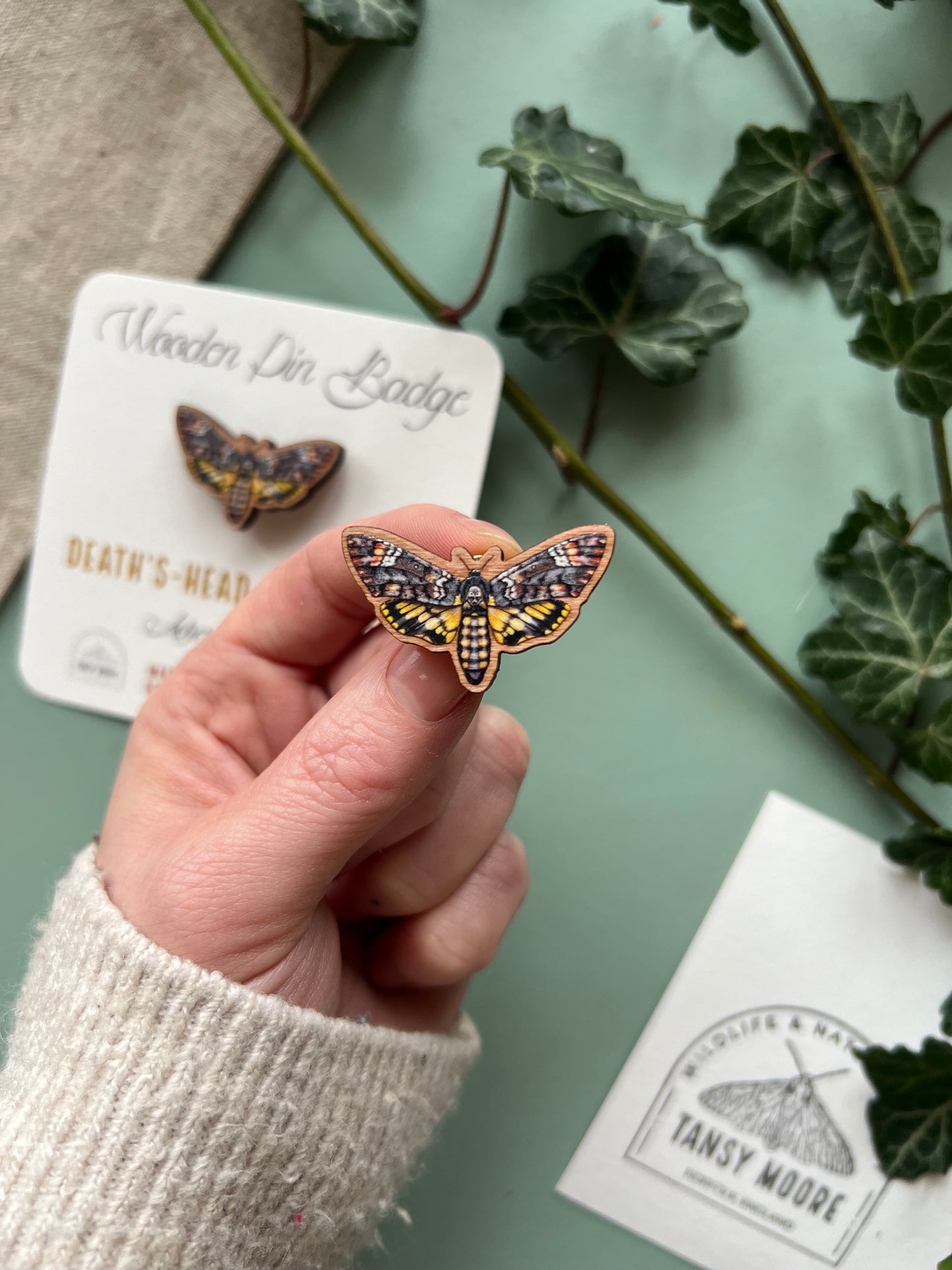 Death’s Head Hawk Moth Wooden Pin Badge