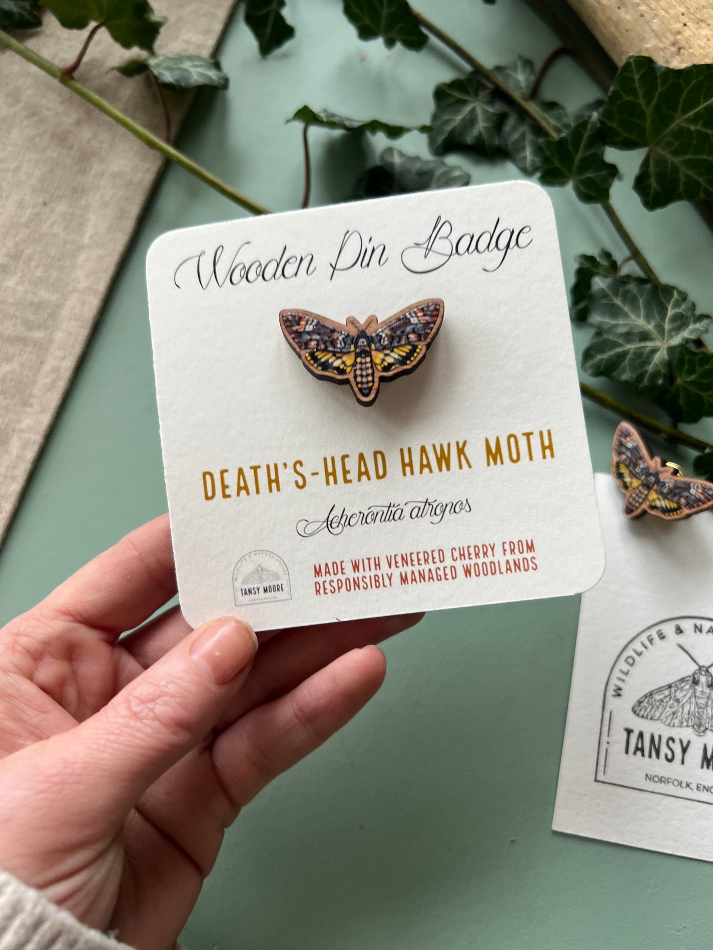 Death’s Head Hawk Moth Wooden Pin Badge