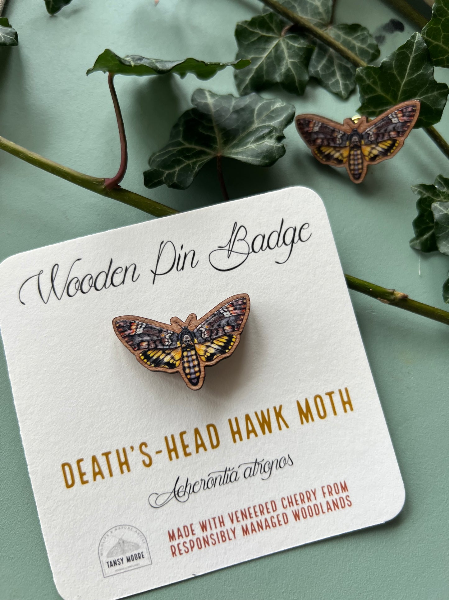 Death’s Head Hawk Moth Wooden Pin Badge