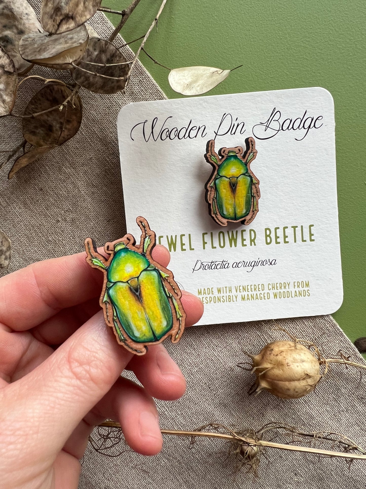 Jewel Flower Beetle Wooden Pin Badge