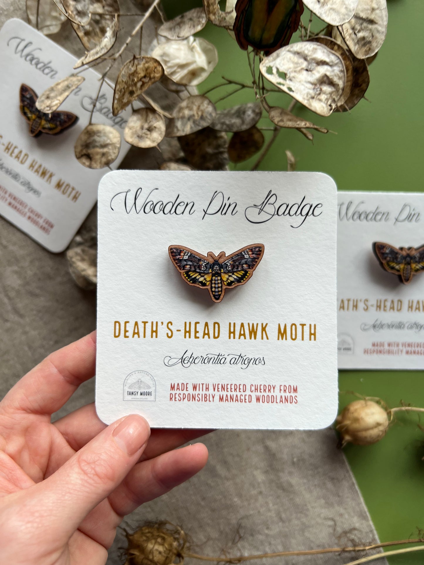 Death’s Head Hawk Moth Wooden Pin Badge