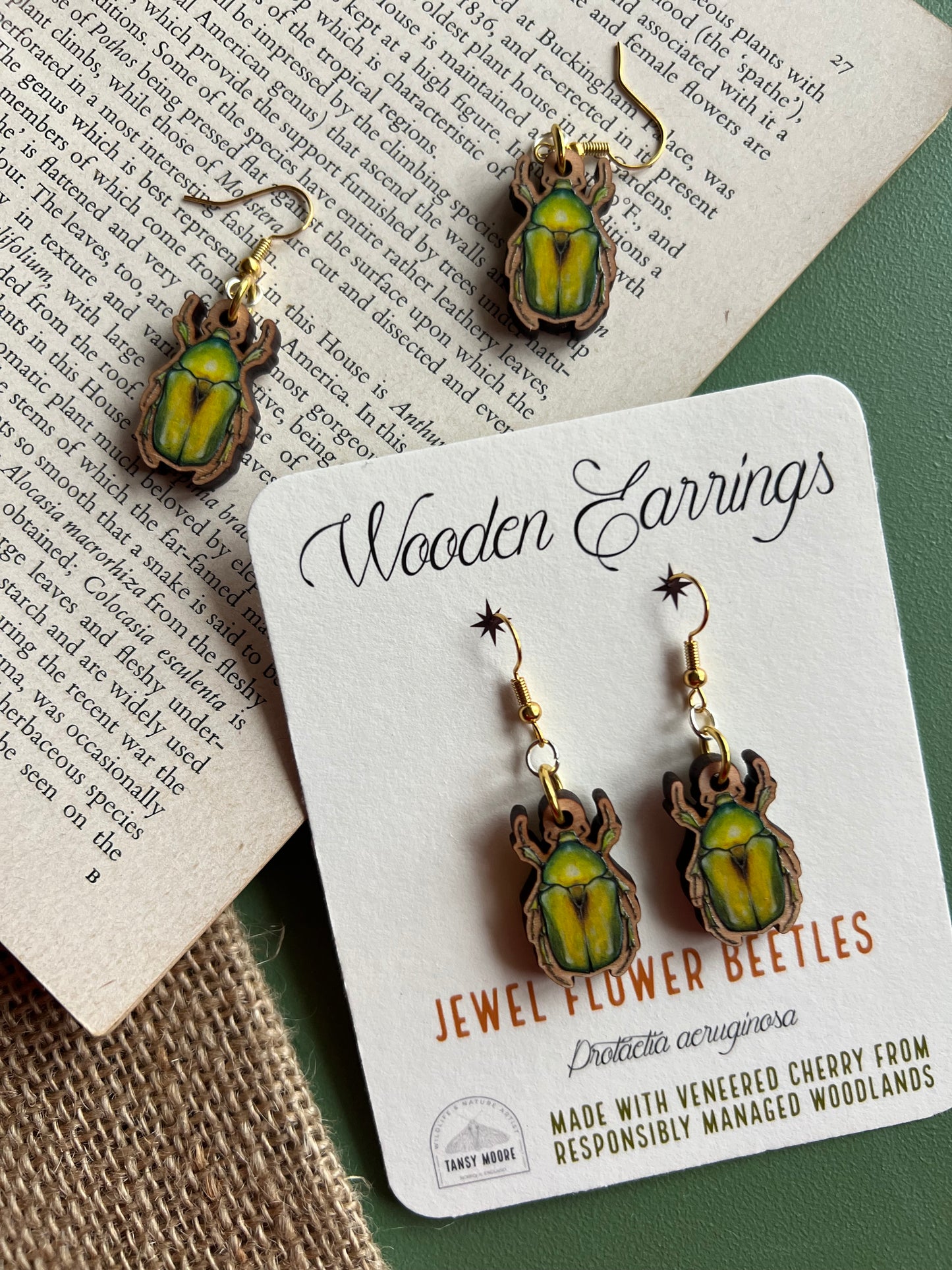 Jewel Flower Beetle Wooden Earrings