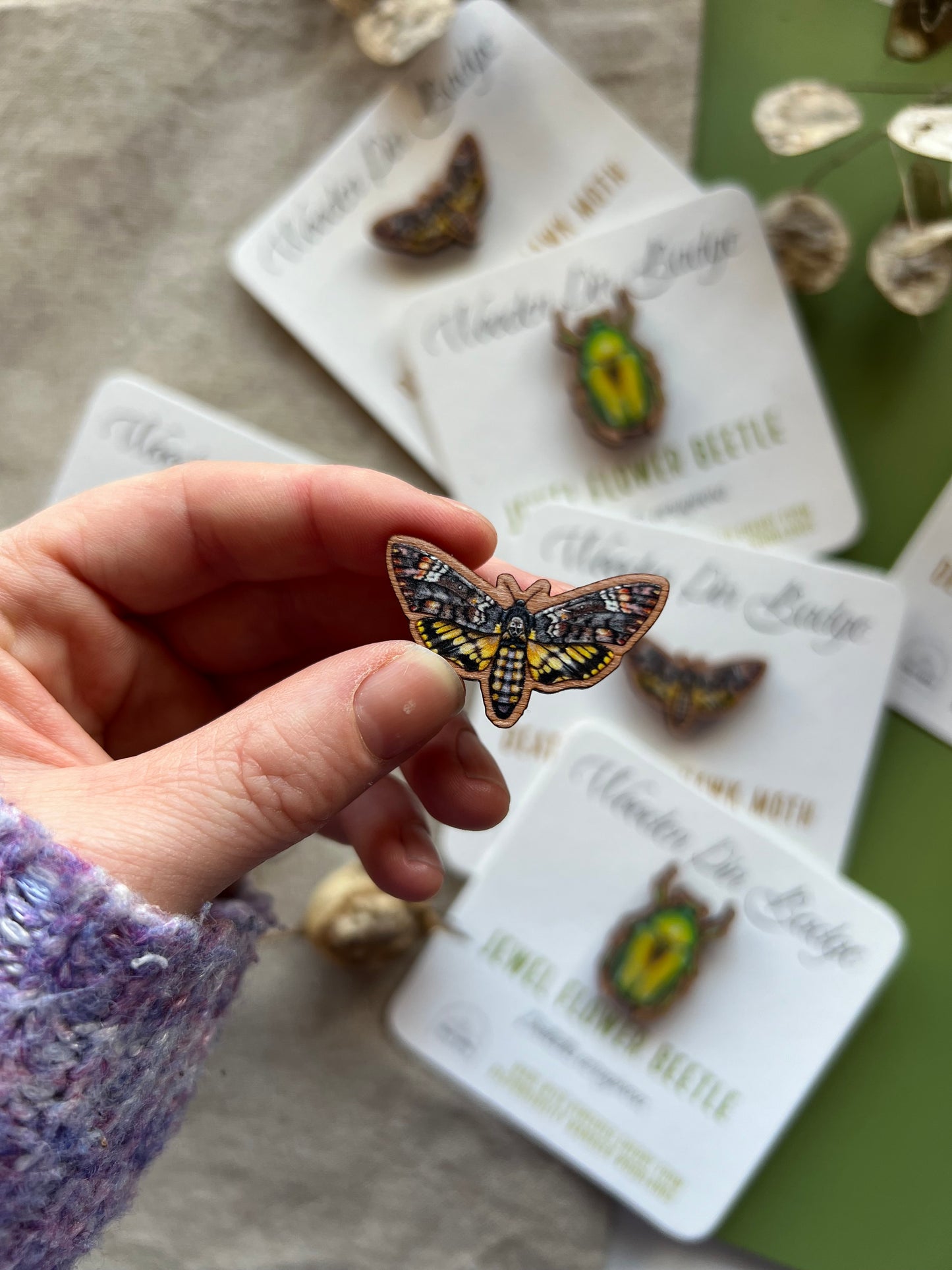 Death’s Head Hawk Moth Wooden Pin Badge