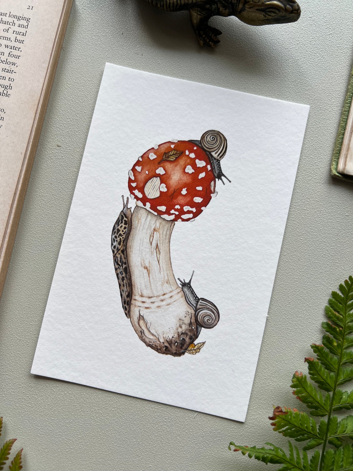 Amanita muscaria, Leopard Slug and White-lipped Grove Snails Print