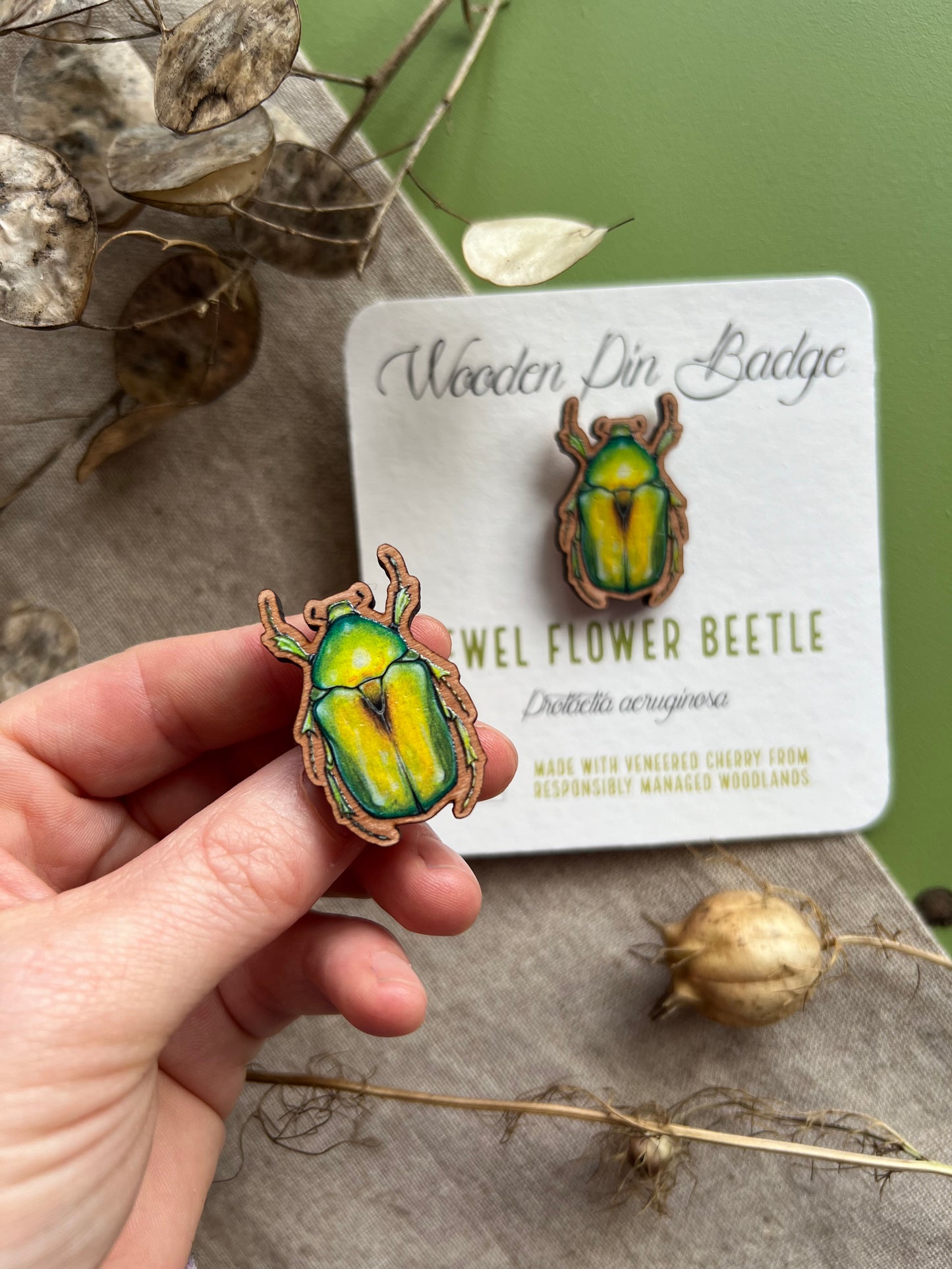 Jewel Flower Beetle Wooden Pin Badge