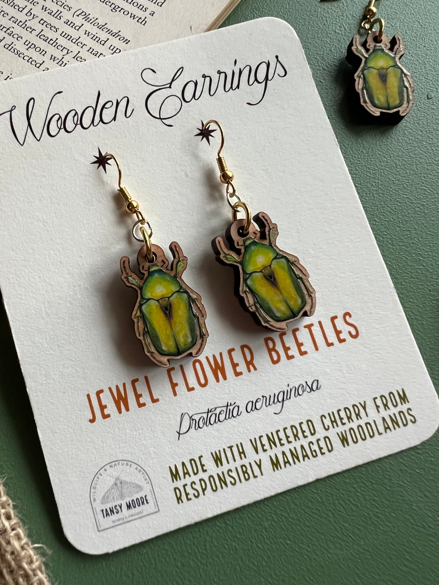 Jewel Flower Beetle Wooden Earrings