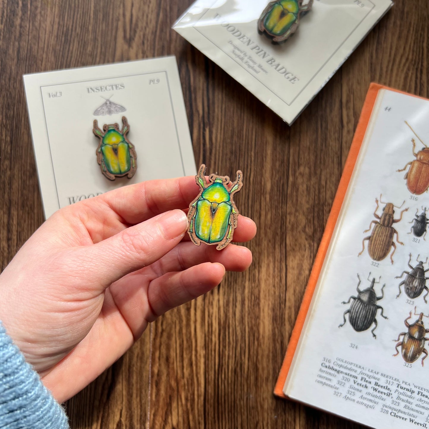Jewel Flower Beetle Wooden Pin Badge