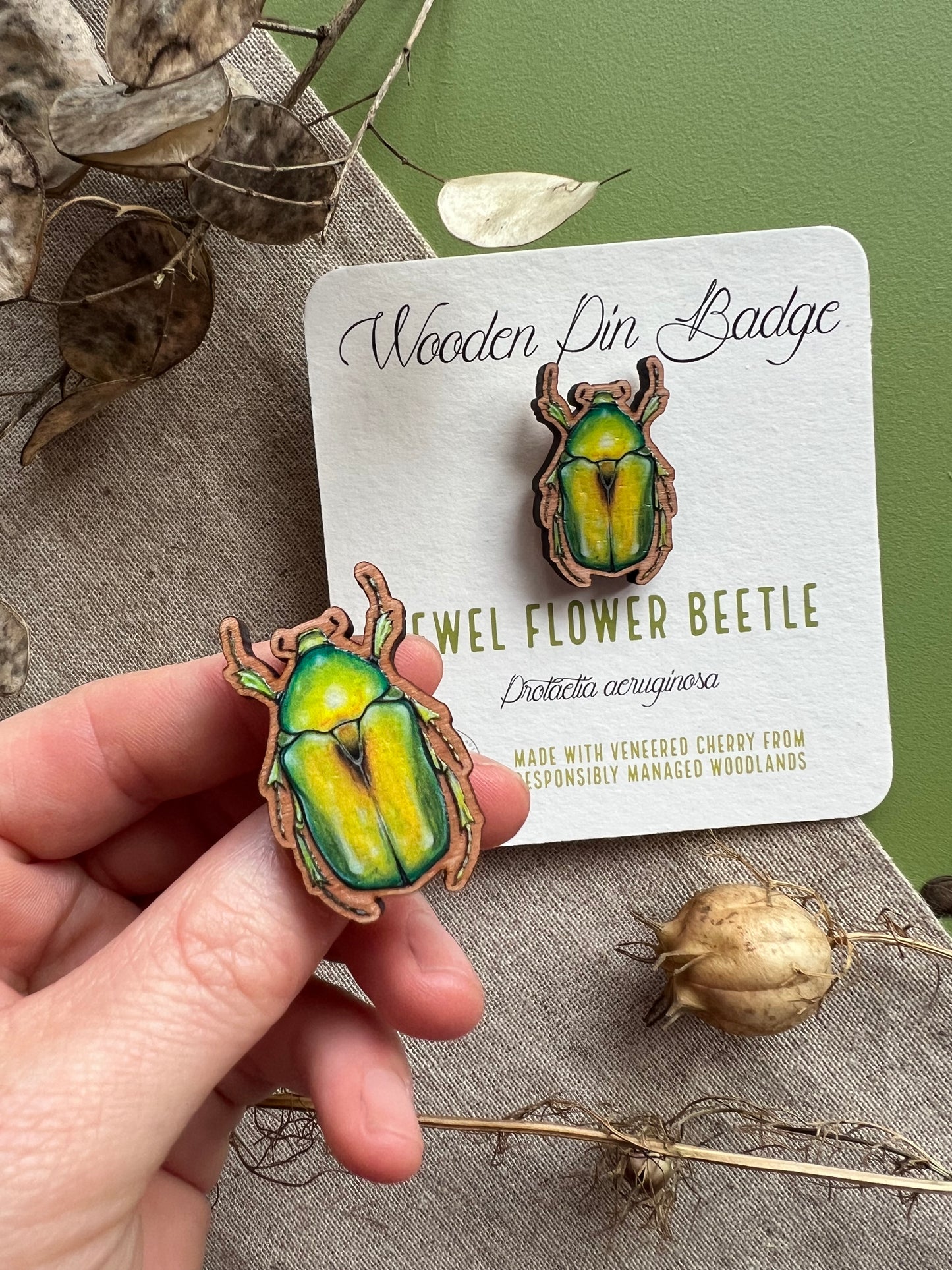 Jewel Flower Beetle Wooden Pin Badge