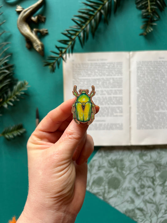 Jewel Flower Beetle Wooden Pin Badge