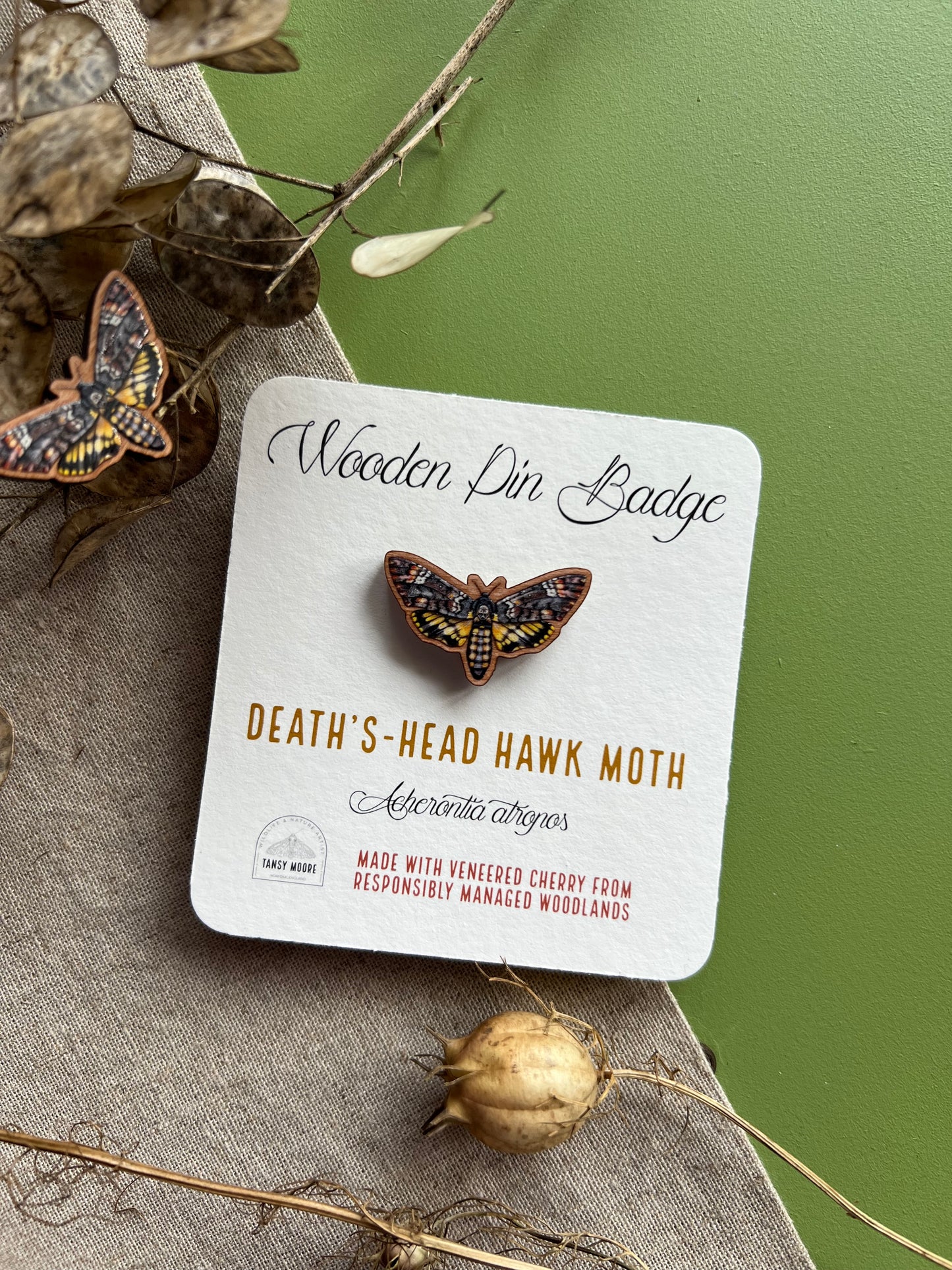 Death’s Head Hawk Moth Wooden Pin Badge