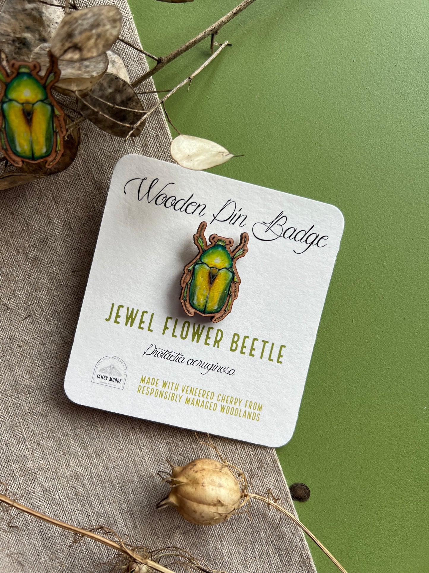 Jewel Flower Beetle Wooden Pin Badge