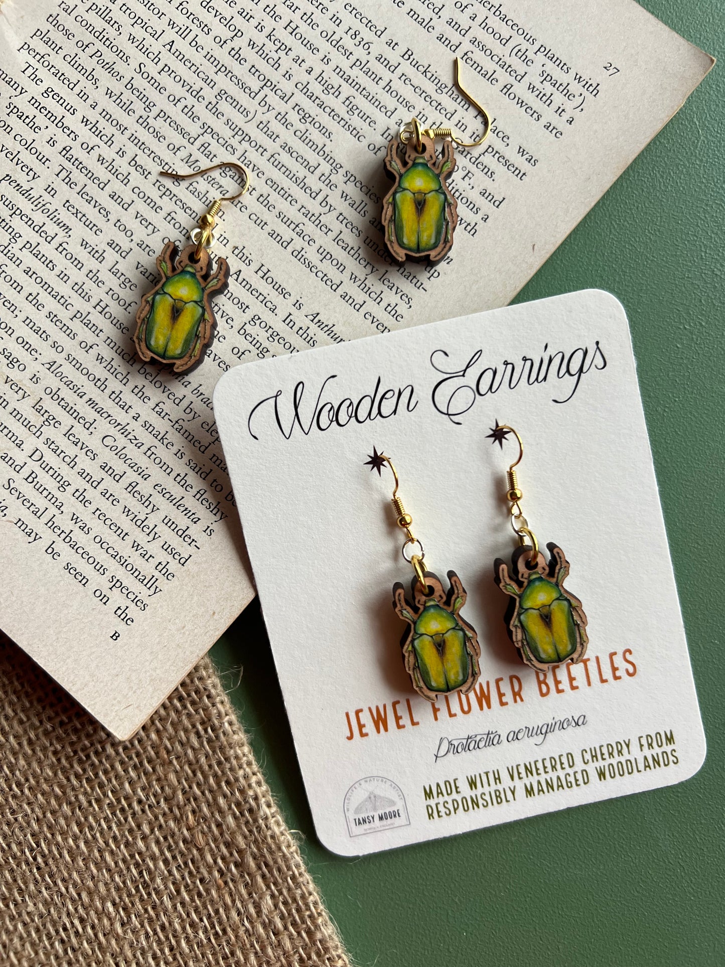 Jewel Flower Beetle Wooden Earrings