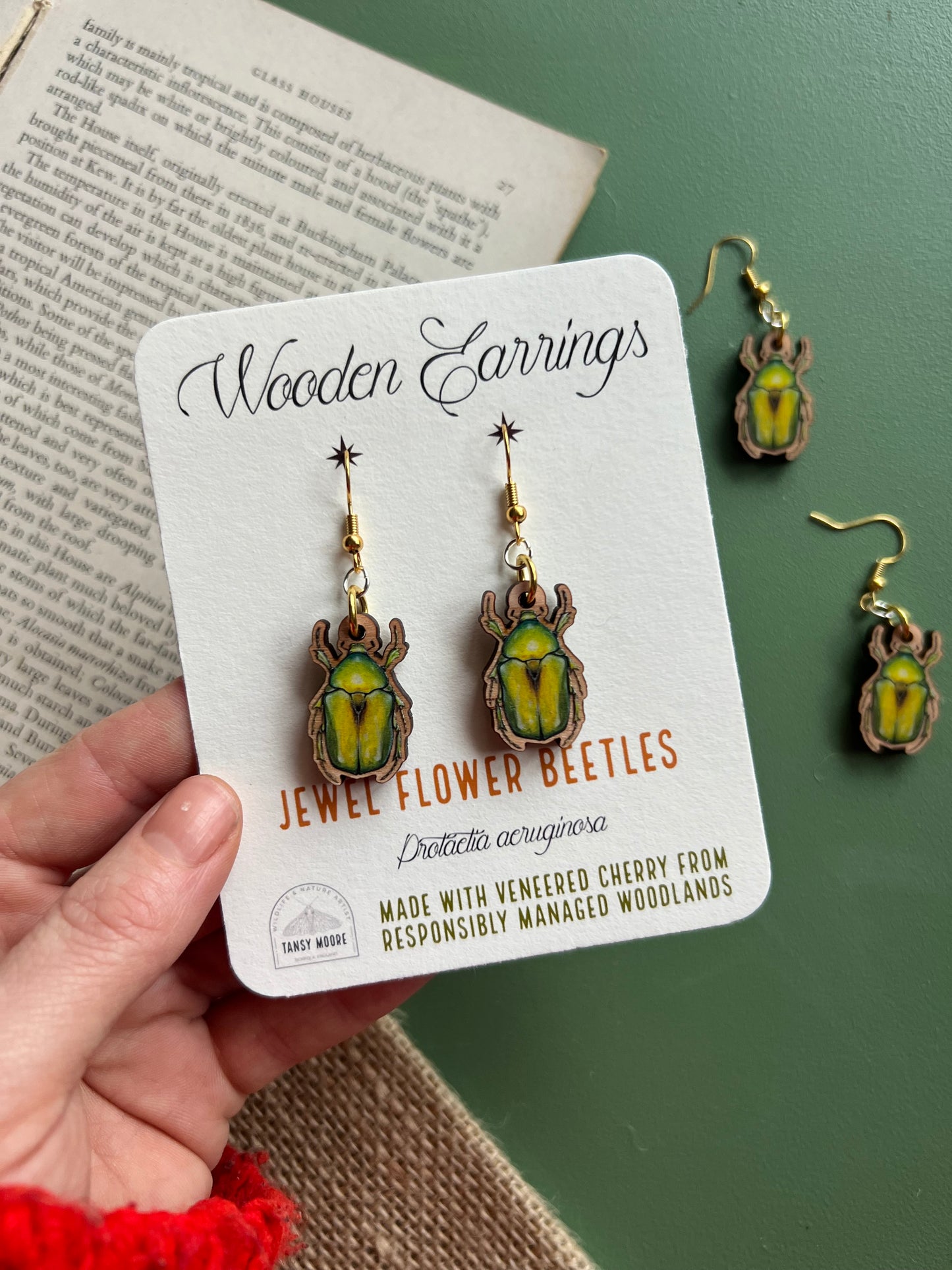 Jewel Flower Beetle Wooden Earrings