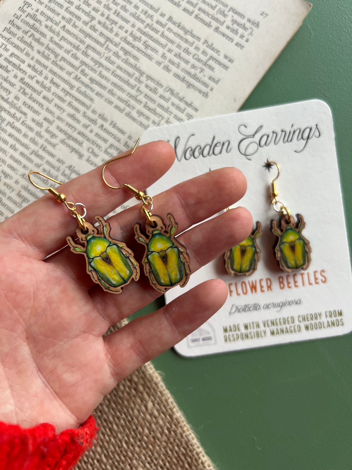 Jewel Flower Beetle Wooden Earrings