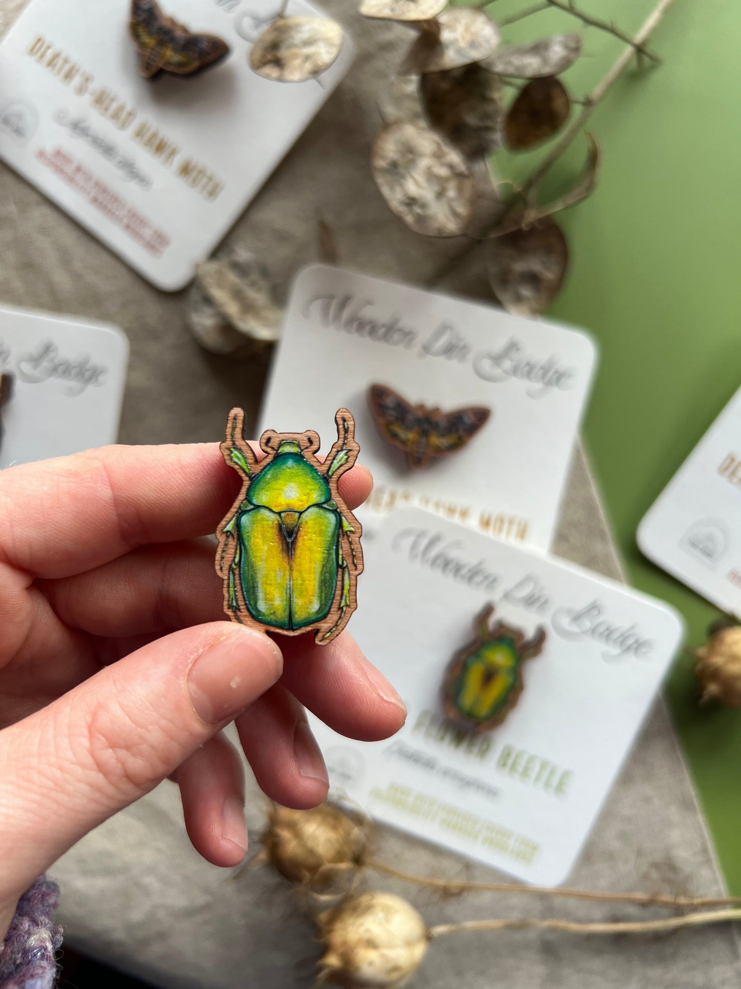 Jewel Flower Beetle Wooden Pin Badge